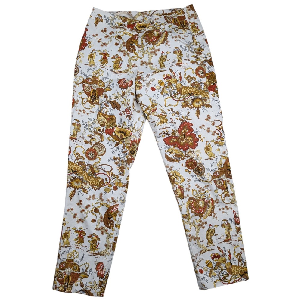Women Chinoiserie Toile Maximalist Print Cotton Blend High Rise Ankle Crop Pants